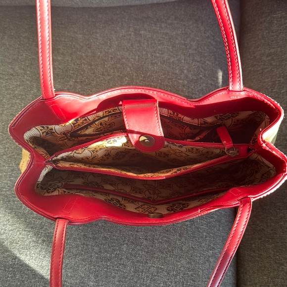 Red and Yellow Tote Bag with Textured Material and Flower Appliqués - Picture 3 of 4